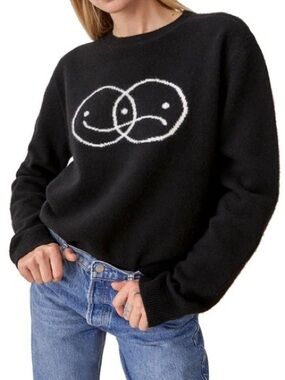 Reformation Black Crewneck Sweater with White Overlapping Smile Graphic